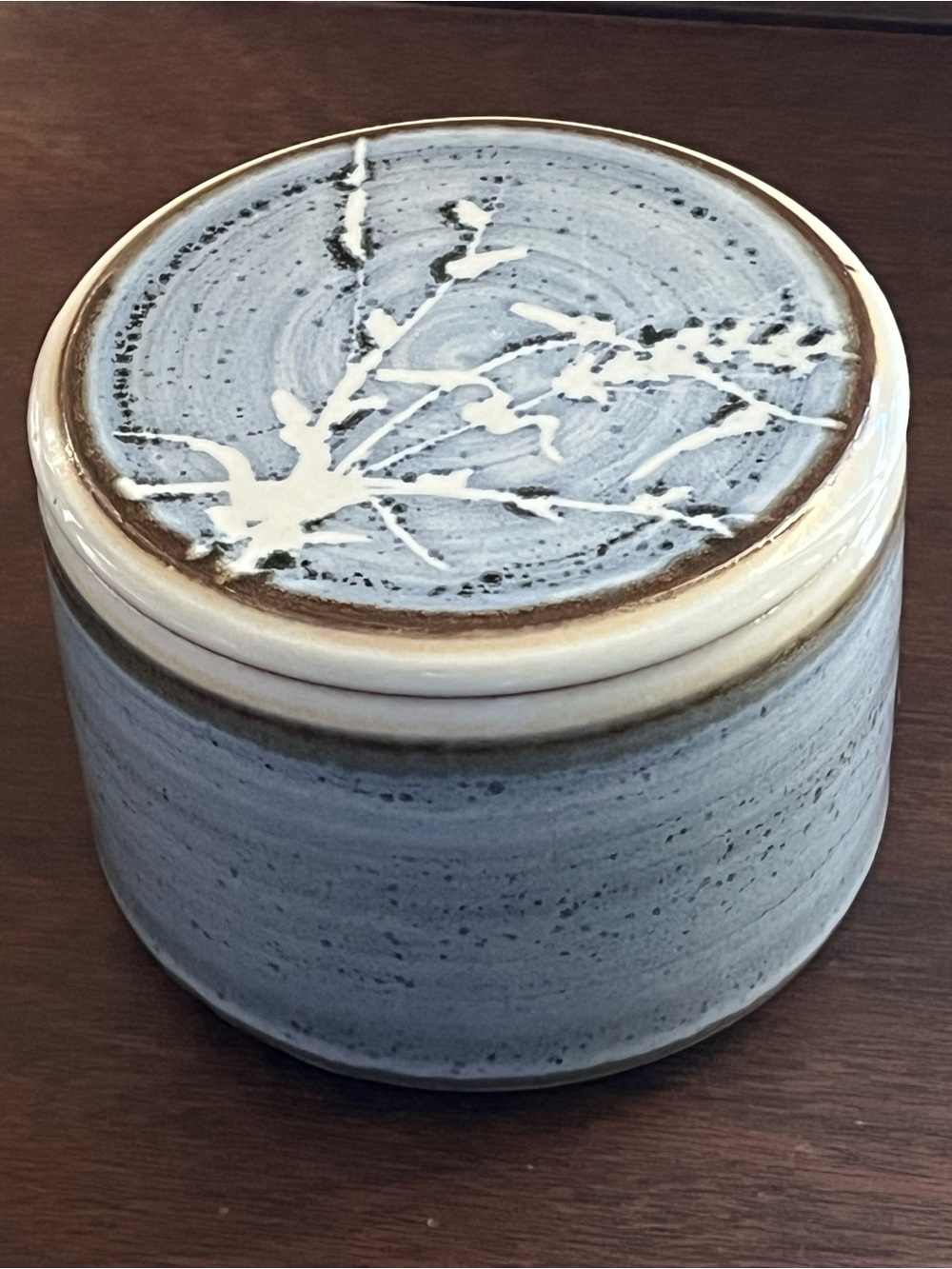 Studio Pottery Signed Butter Bell Crock Blue White Farmhouse